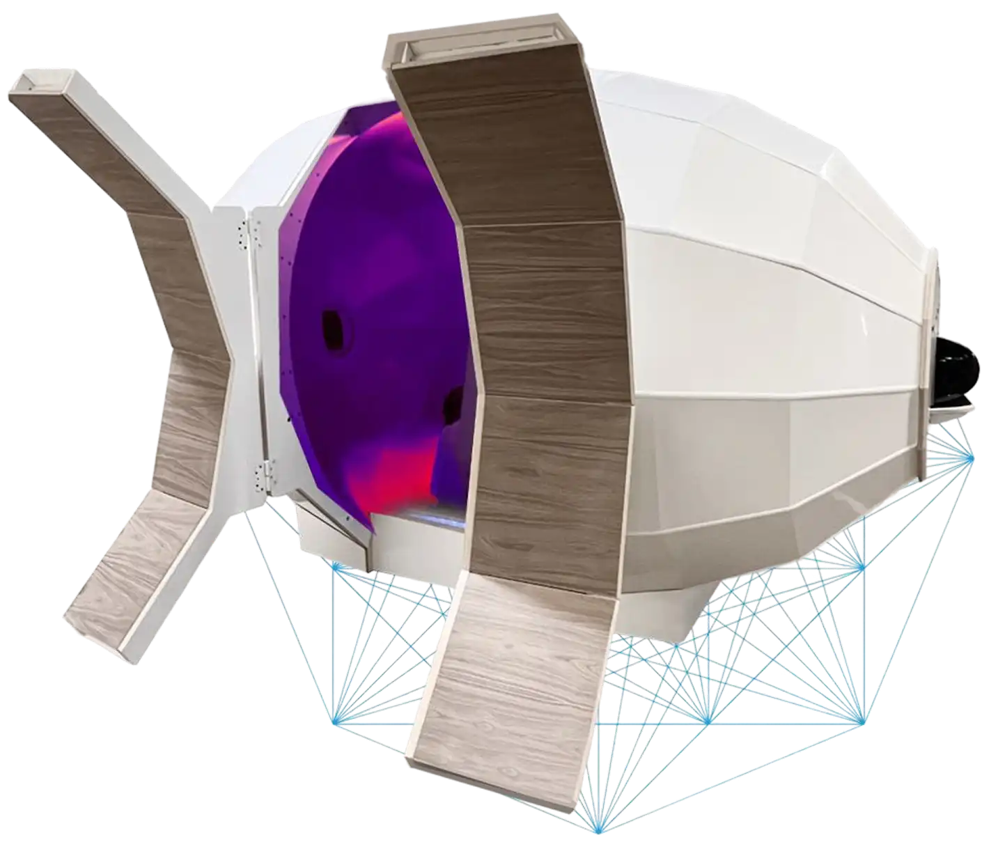 Futuristic white spherical device with wood panels and a glowing purple core, resting on a blue wireframe base.