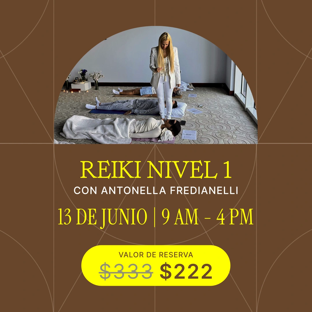 Promotional flyer for Reiki Level 1 with Antonella Fredianelli: date June 13, 9 AM–4 PM, reservation price $222 (was $333). The circular image shows a facilitator standing over participants lying on mats in a room.