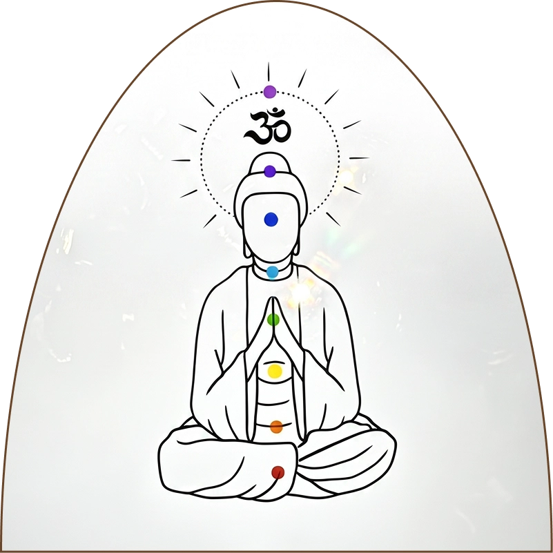 Seated meditating figure with seven colored chakra dots along the body and an Om symbol above the head, halo behind.