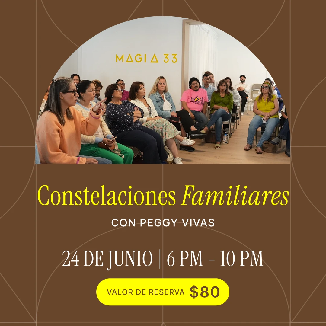 Promotional poster for 'Constelaciones Familiares' with Peggy Vivas; June 24, 6–10 PM; reserve for $80.