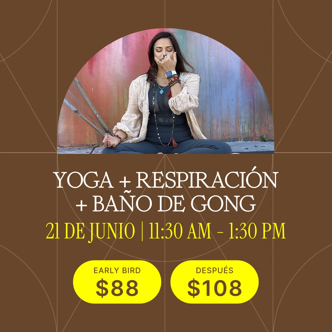 Cartel de yoga y respiración con mujer meditando; 21 de junio, 11:30 AM–1:30 PM; Early Bird $88, Después $108.