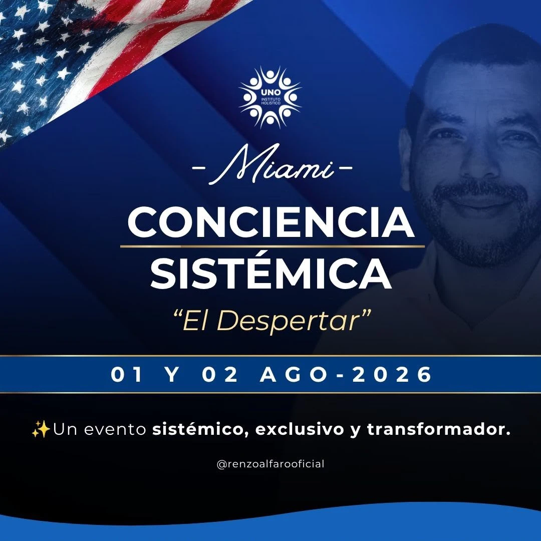 Miami event poster announcing 'Conciencia Sistémica' con 'El Despertar', dates Aug 1–2, 2026, UNO Instituto Holístico logo y @renzoalfaroficial.