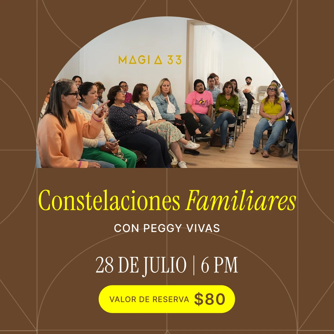 Poster for 'Constelaciones Familiares' with Peggy Vivas — a group of people seated in a circle; July 28, 6 PM; reserve $80.
