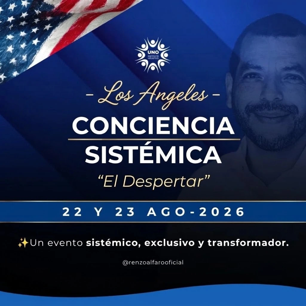 Poster promocional en español: 'Conciencia Sistémica – El Despertar' en Los Ángeles, 22–23 agosto de 2026, con una foto parcial de un hombre a la derecha y la bandera en la esquina.