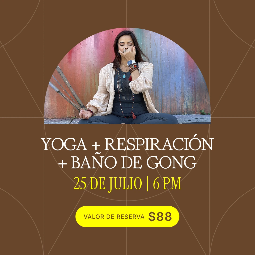 Promotional poster for a yoga, breathwork and gong bath event; features a meditating woman in a circular frame with a yellow reservation button reading $88.