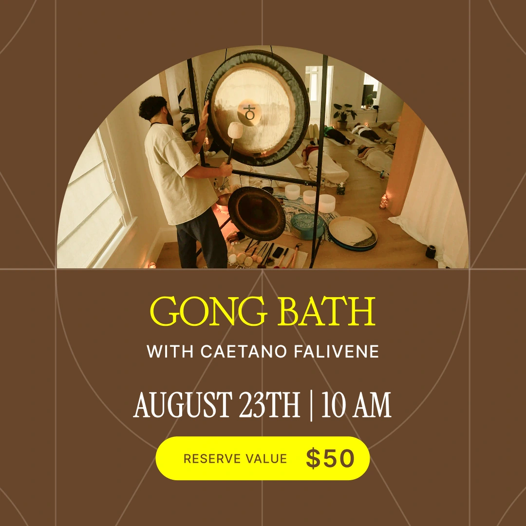 Poster advertising a Gong Bath event with a person playing a large gong; includes date, time, and a $50 reserve value badge.