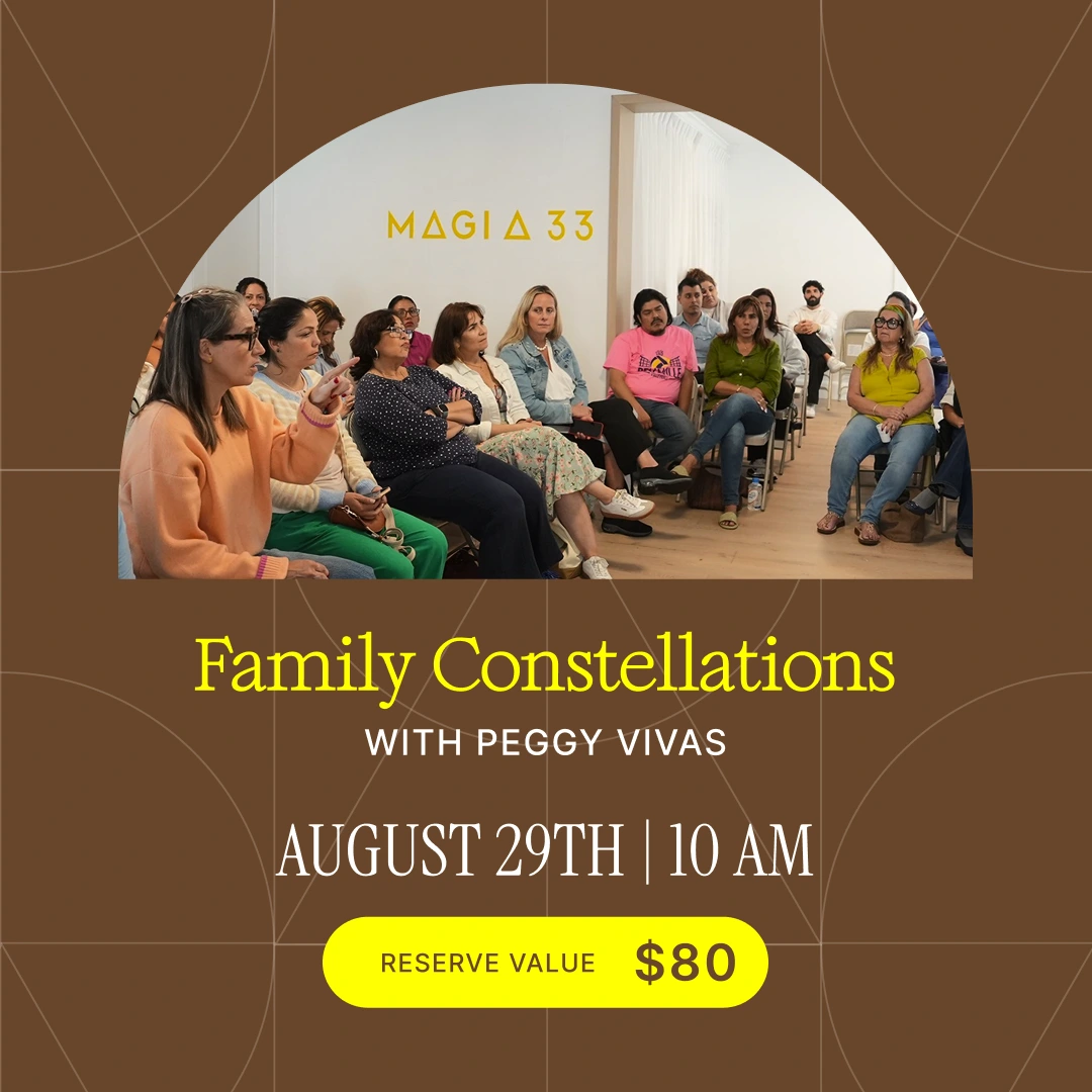 Poster for 'Family Constellations' with Peggy Vivas showing a group seated in a room; date Aug 29, 10 AM and reserve value $80 on a yellow button.